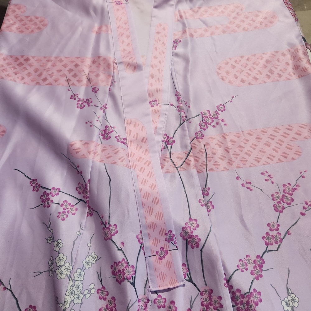 Vtg Maruky Kyoto Tokyo Kimono Wrap Robe Lavender Satin Cherry Blossoms Maxi - Picture 7 of 11